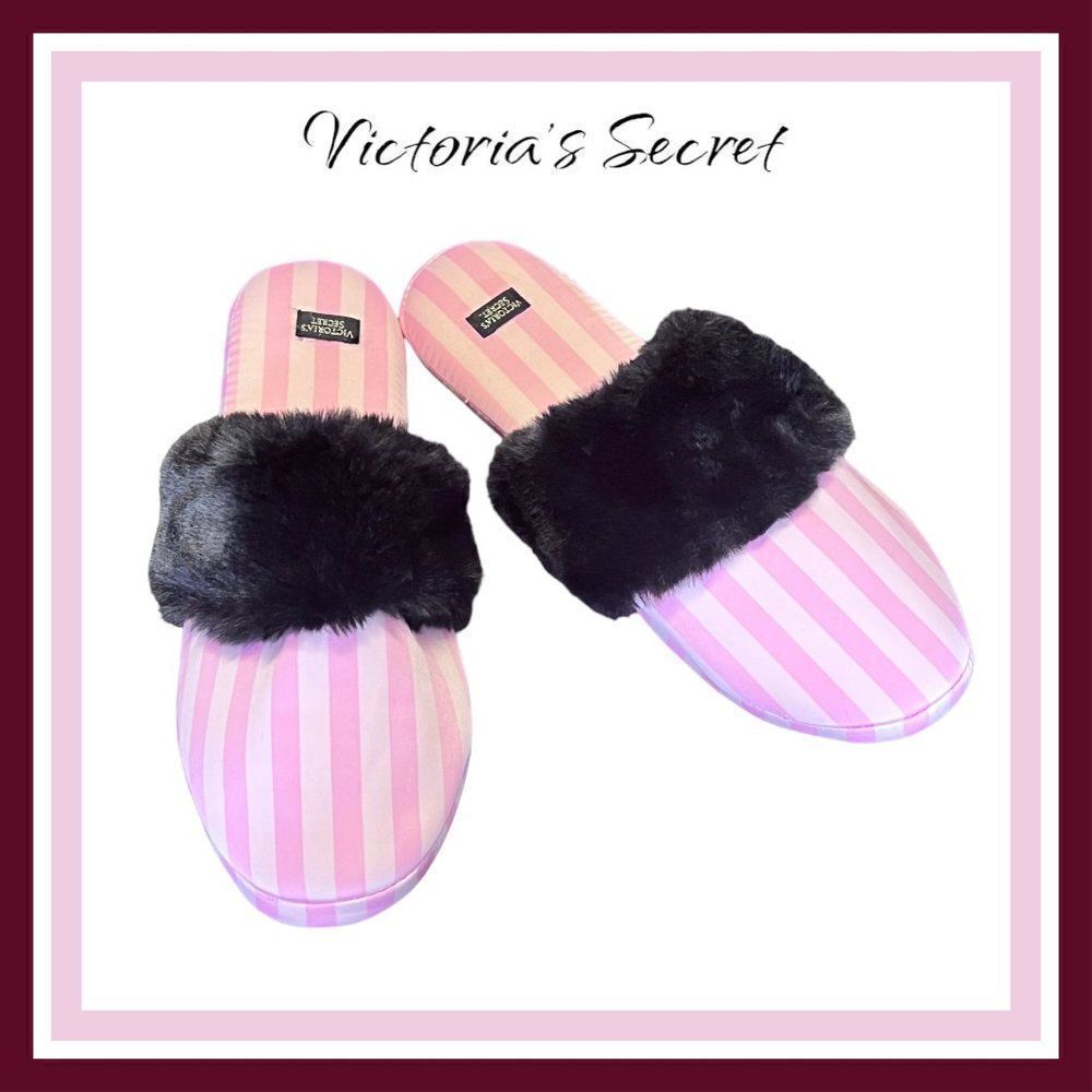 Victoria's Secret Signature Satin Slippers Pink Stripe with Faux Fur - NWOT